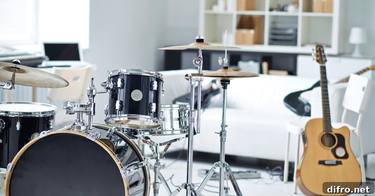 A music room with multiple instruments.