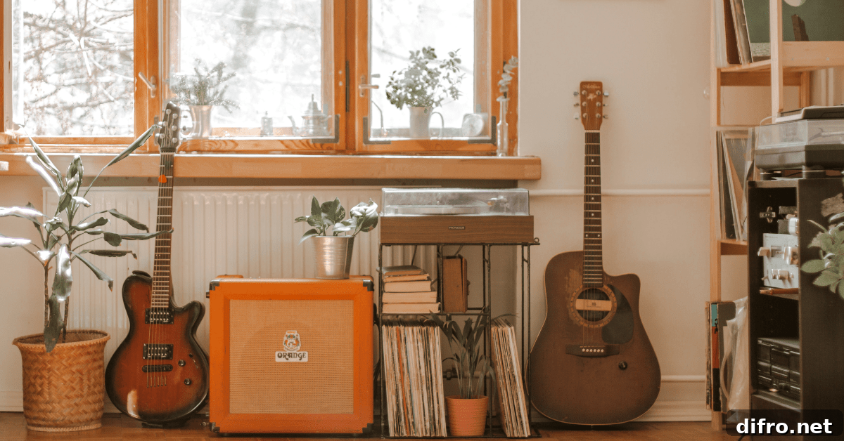 A rustic-themed music room.