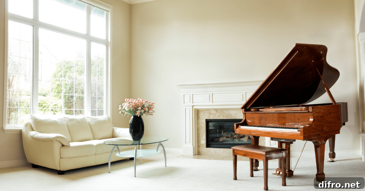 A music room with piano and large windows for natural light.