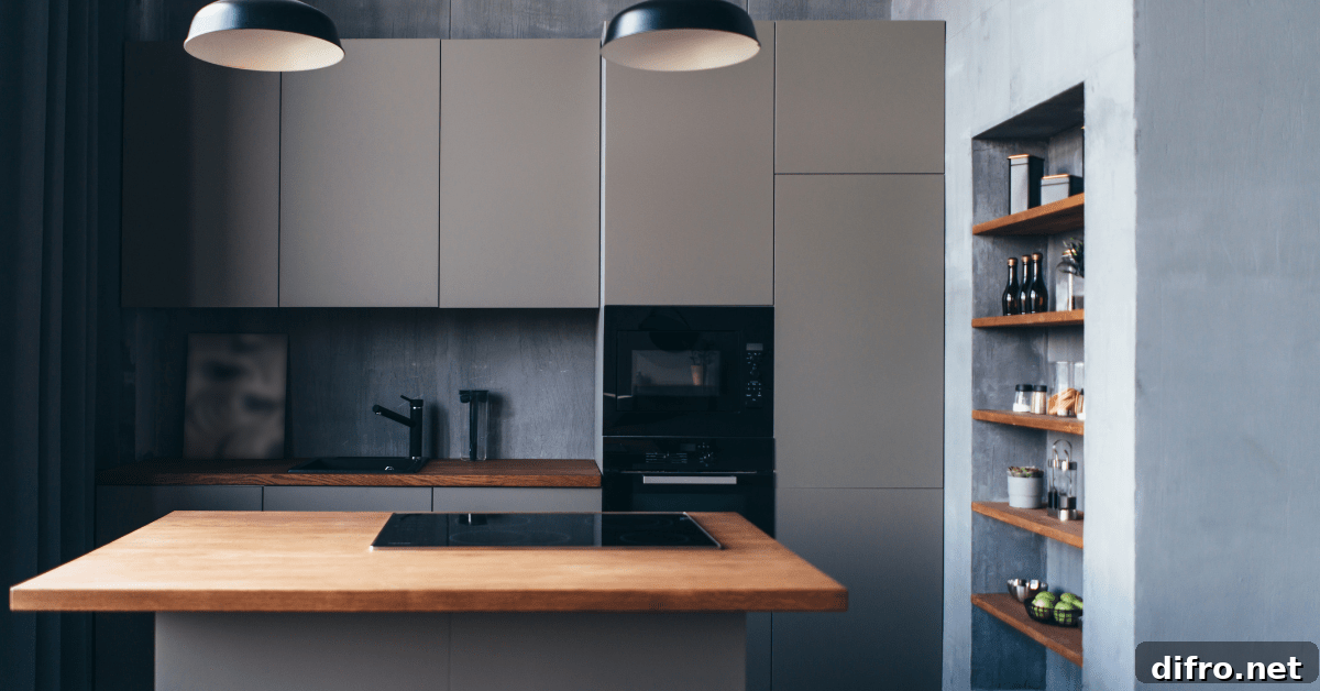 A minimalist kitchen with a stove built in the island.