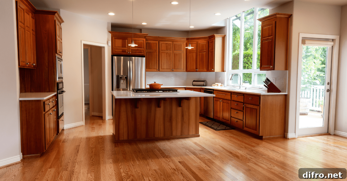 A modern kitchen with island and built-in stove.
