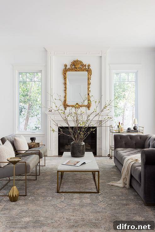 Elegant living room features a marble and brass coffee table placed on a gold and gray rug between side-by-side gray leather tufted accent chairs and a gray velvet chesterfield couch. An eye-catching gold baroque mirror hangs over a white fireplace mantel. A brass bar cart sits beside the fireplace.