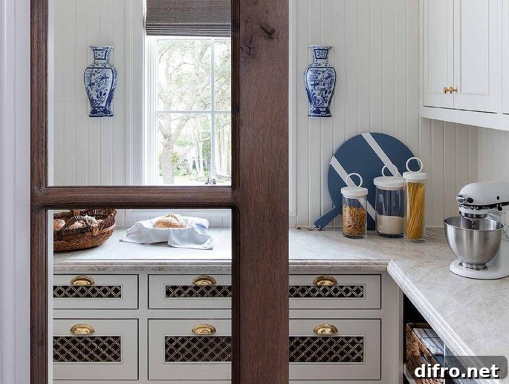 White and gold lattice pantry doors are complemented with brass cup pulls and a beveled marble countertop fixed against beadboard trim beneath a window located between chinoiserie wall decor.