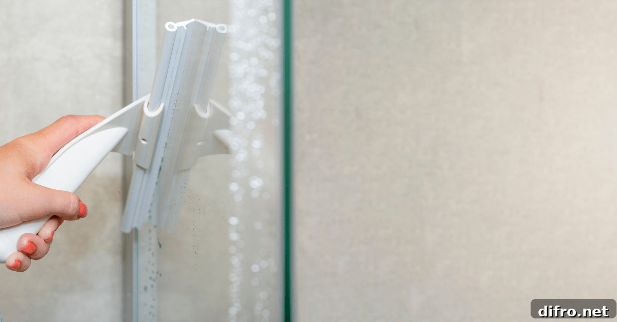 Closeup of someone's hand using a squeegee to clean glass shower.
