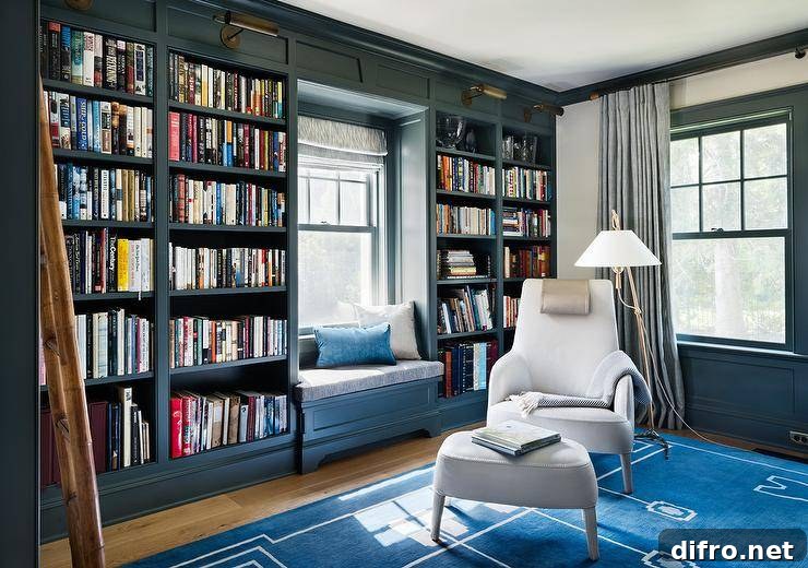 Dark blue paneled den boasts a white chair with matching ottoman placed atop a blue rug illuminated by a brass floor lamp. Home library features a wall of dark blue built-in bookshelves illuminated by antique brass picture lights flanking a dark blue built-in window seat bench.