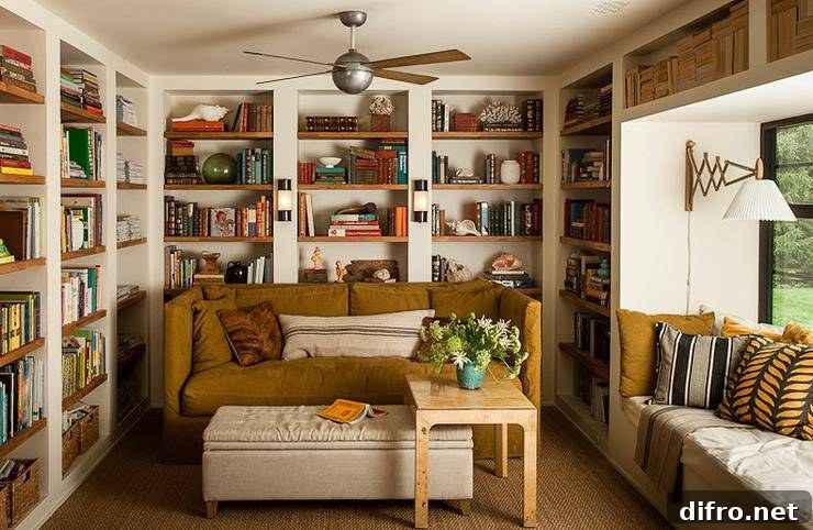 Cottage style home library boasts white and wooden built-in floor-to-ceiling bookshelves, a brown slipcovered sofa, and a built-in window seat lit by a brass accordion arm wall lamp.