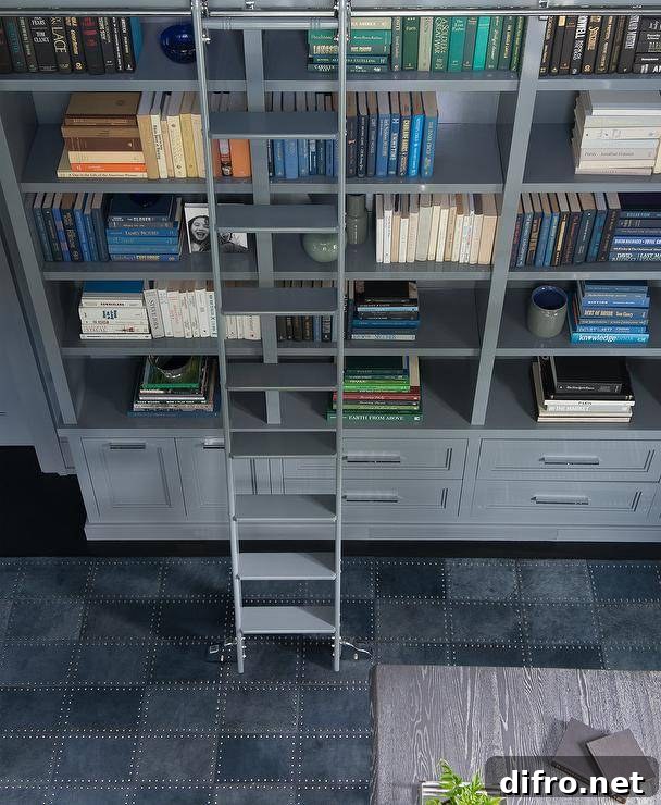 Morgan Harrison Home - A gray ladder sits on a blue suede grid rug and leans against gray built-in bookshelves fixed over gray cabinets in a stunning contemporary blue and gray home office.