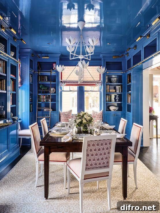 This elegant blue home library and dining room features a cream rug placed beneath a wooden dining table surrounded by block print French dining chairs lit by a white tulip chandelier hung from a blue lacquered ceiling. At the end of the table, a window dressed in a red grosgrain roman shade flanked by glossy blue built-in bookshelves lit by brass picture lights.