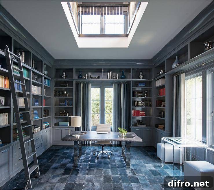Stunning stately home features a two story library featuring walls fitted with gray built-in bookshelves fixed over gray cabinets and matched with a gray ladder. A window dressed in blue grommet curtains is positioned behind a stained gray oak and nickel desk seating a white leather task chair on a blue suede grid rug. Thick gray crown moldings line the walls, as an acrylic chess table is positioned beneath a window and between blue leather cube poufs.