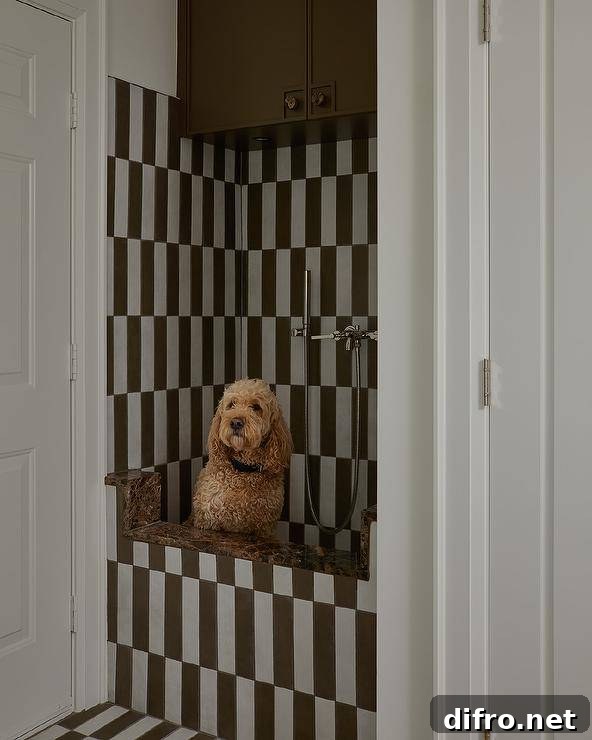 White and brown striped floor tiles lead to a white and brown striped tiled dog shower finished with a polished nickel sprayer mounted to white and brown stripe backsplash tiles.