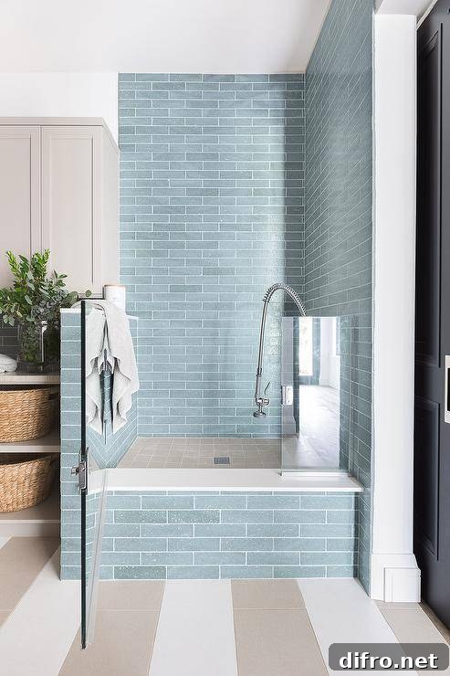 Pet friendly laundry room features white and taupe striped floor tiles finishing at a blue glazed offset tiled dog shower boasting a glass door and taupe grid floor tiles.