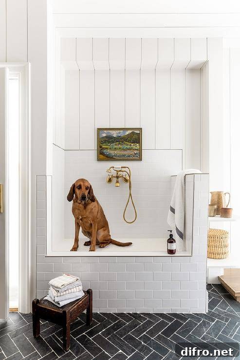 Mudroom features a platform dog shower shiplap trim and antique brass shower kit and a wooden accent table on black herringbone floor tiles.