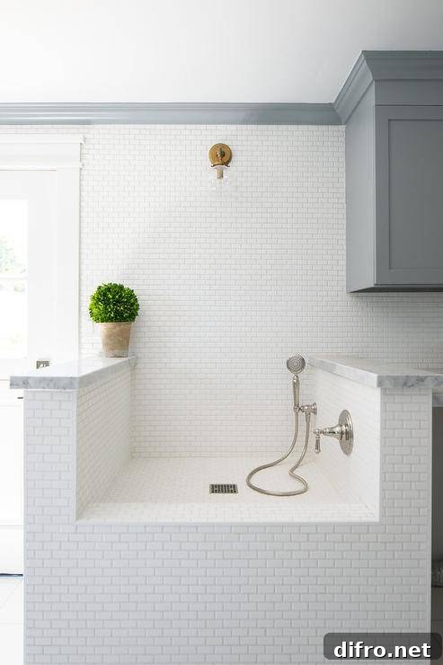 White mini brick tiles in a mudroom dog shower completed with a marble deck, a chrome shower head and gold wall mount single sconce.