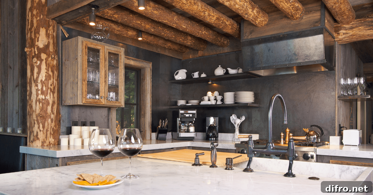 A rustic kitchen with black walls and wood beam ceiling.
