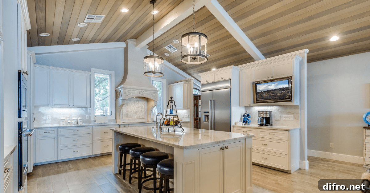 A modern white kitchen with light wood ceiling.