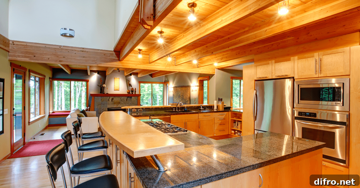 A traditional kitchen with wood ceiling and bright lights.