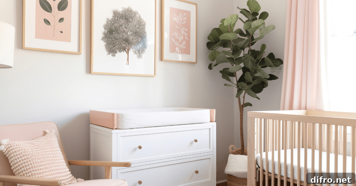 A small nursery with dresser and chair.