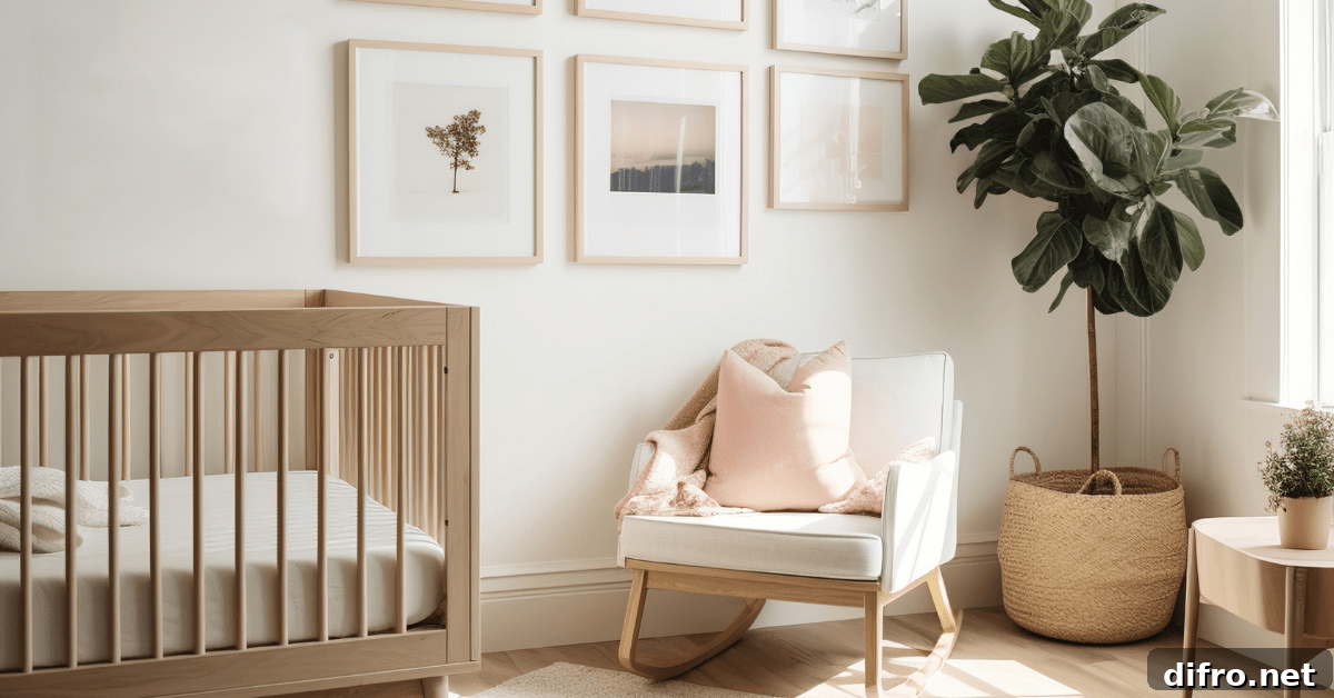 Vibrant small nursery with green plant and a white chair with pink throw pillow.