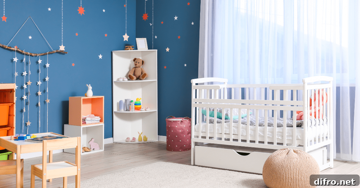A colorful nursery room that is small.