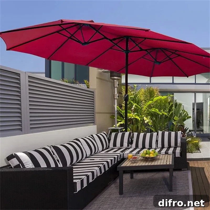 red awning umbrellas on patio