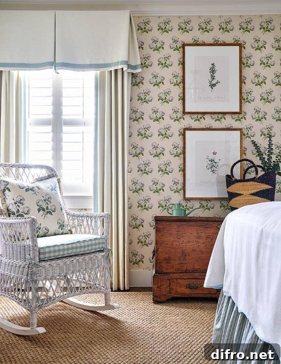 White rattan rocking chair in a shabby chic cottagecore bedroom near a window fitted with a linen and blue window treatments.