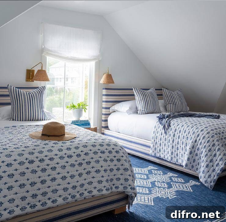A sloped attic ceiling is fixed over a shared white and blue cottage bedroom featuring cream and blue striped beds topped with blue striped pillows placed on white and blue bedding. The beds, placed on a blue rug, are lit by brass and rattan sconces and flank a window covered in a white roman shade.