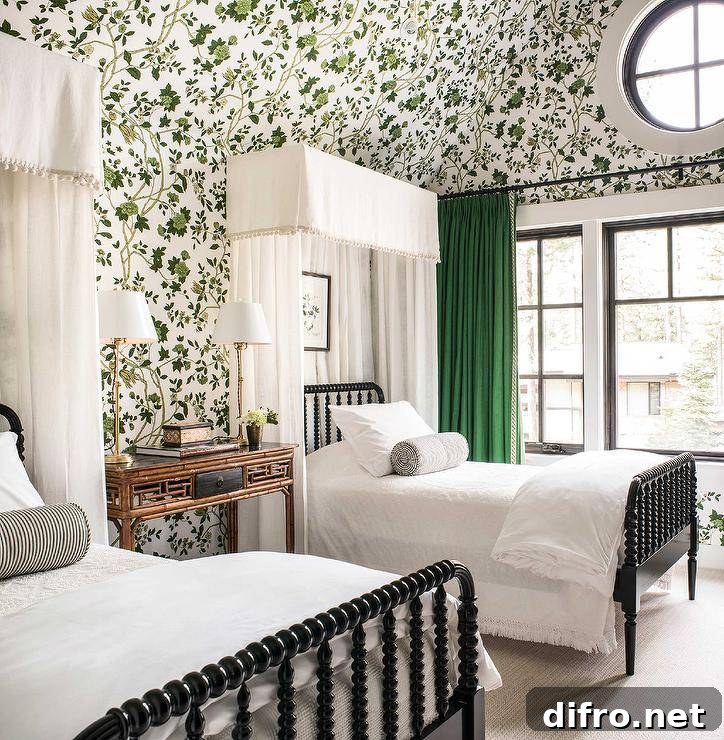 Green botanical wallpaper covers the walls over a gorgeous bedroom featuring black spindle beds contrasted with white valances and white curtains. The beds are topped with black stripe bolster pillows and flank a brown bamboo nightstand accented with tall brass lamps. Windows are covered in green curtains.