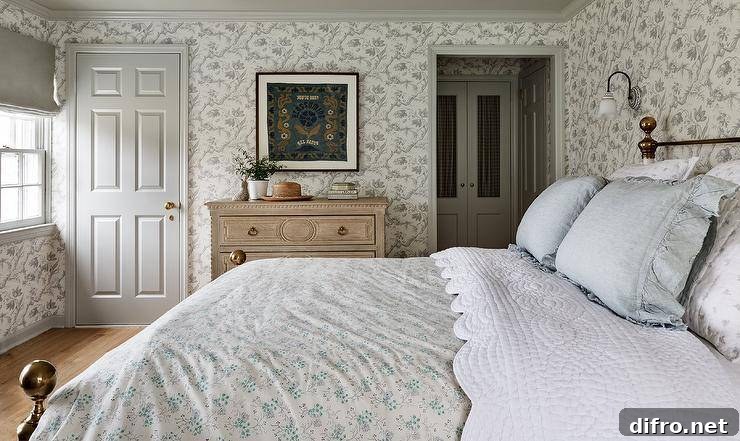 Charming cottage bedroom is clad in gray floral wallpaper lined with gray crown molding and baseboards. Art hangs beside a light gray door and over French beige dresser adorned with brass hardware.