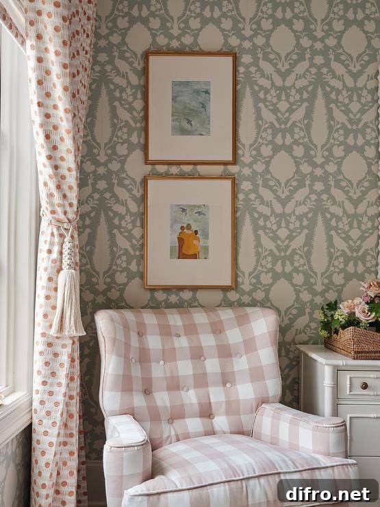 Bedroom features a pink gingham tufted chair with white and pink curtains and a white dresser on Schumacher Chenonceau wallpaper.