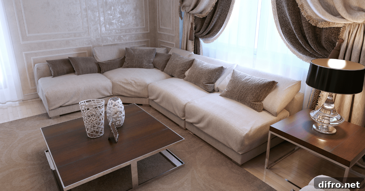 A living room in art deco style with covered couches.