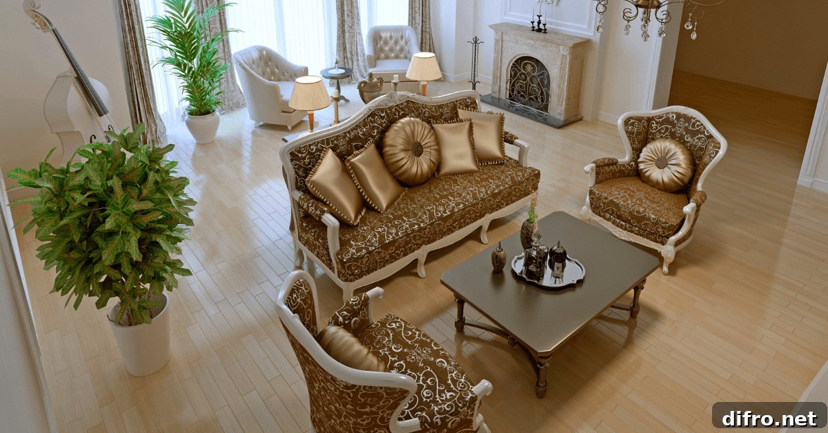Vintage furniture in an art deco living room.