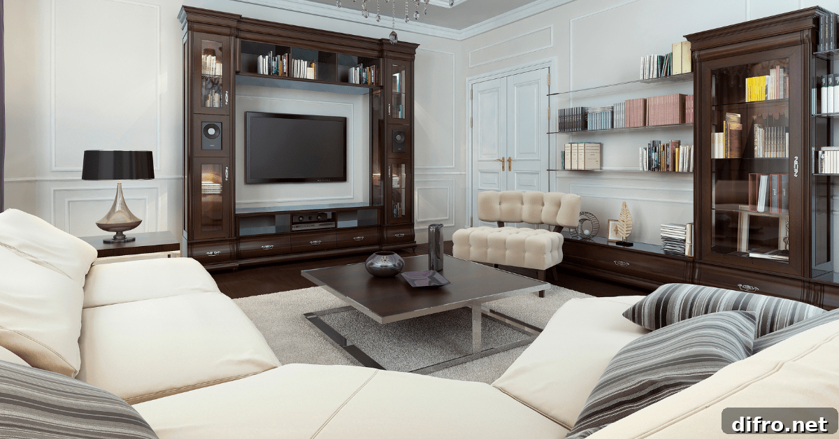 Modern art deco living room with large shelving unit.