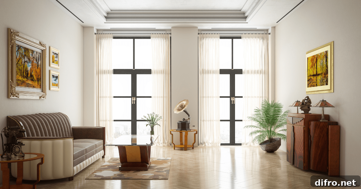 Bright art deco styled living room.