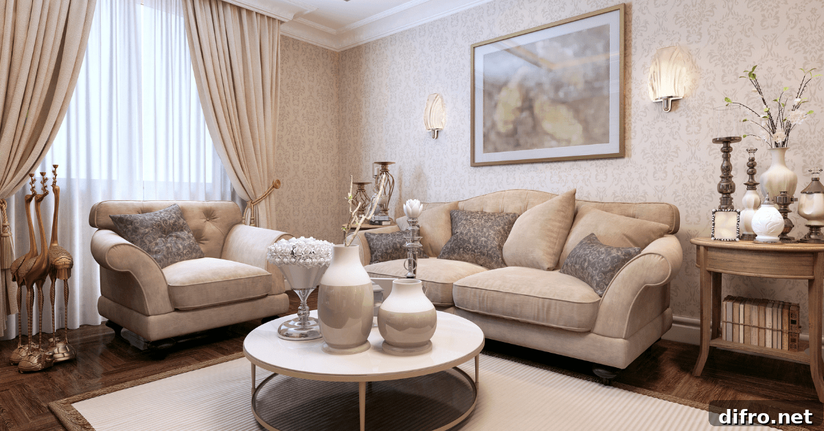 A large art deco living room with round coffee table.