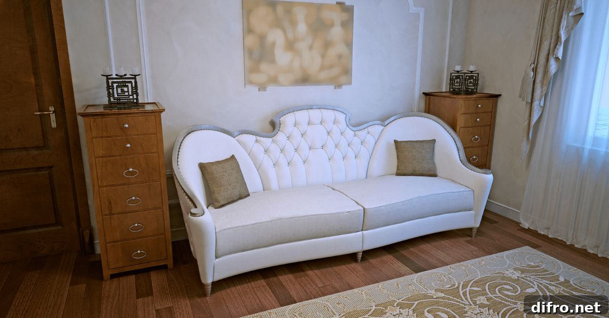 Art deco living room with white couch.