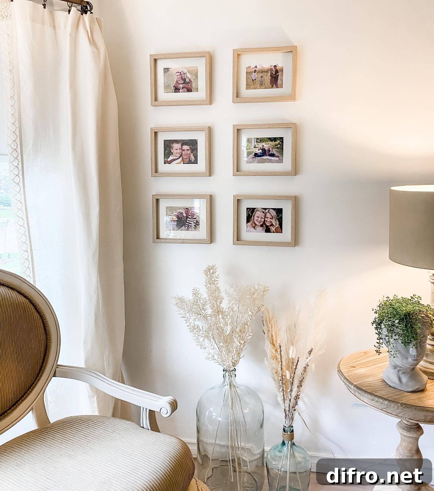 symmetrical gallery photo wall chair side table lamp bust head with greenery