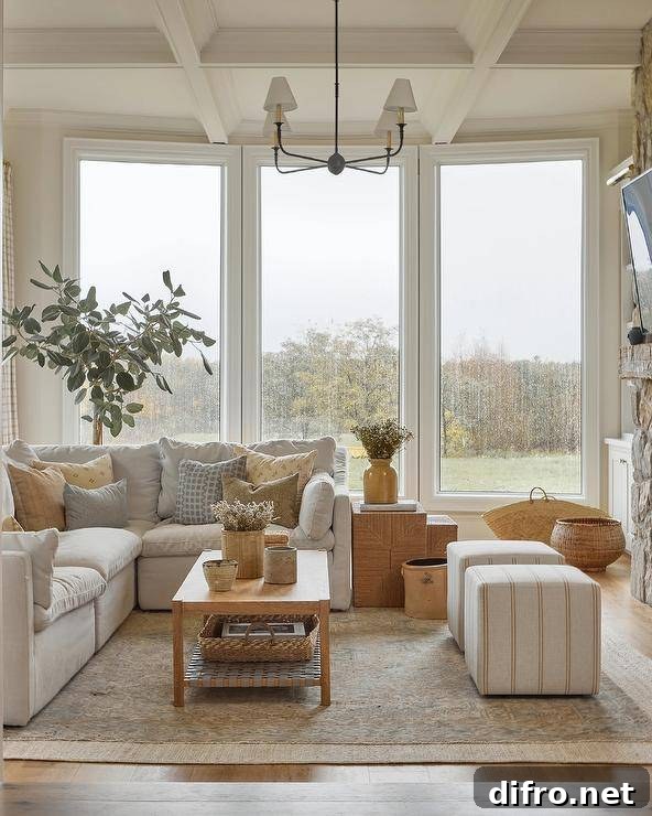Beneath a coffered ceiling fitted with an oil rubbed bronze chandelier, a welcoming family room features a pebble gray sectional complemented with yellow and brown pillows and placed on layered rugs beside woven nesting end tables. Beige striped cube stools are positioned in front of a brown wooden coffee table, as natural light streams in from tall picture windows.