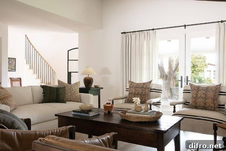 French patio doors covered in white curtains are located behind black and white burlap accent chairs placed facing a brown farmhouse coffee table.