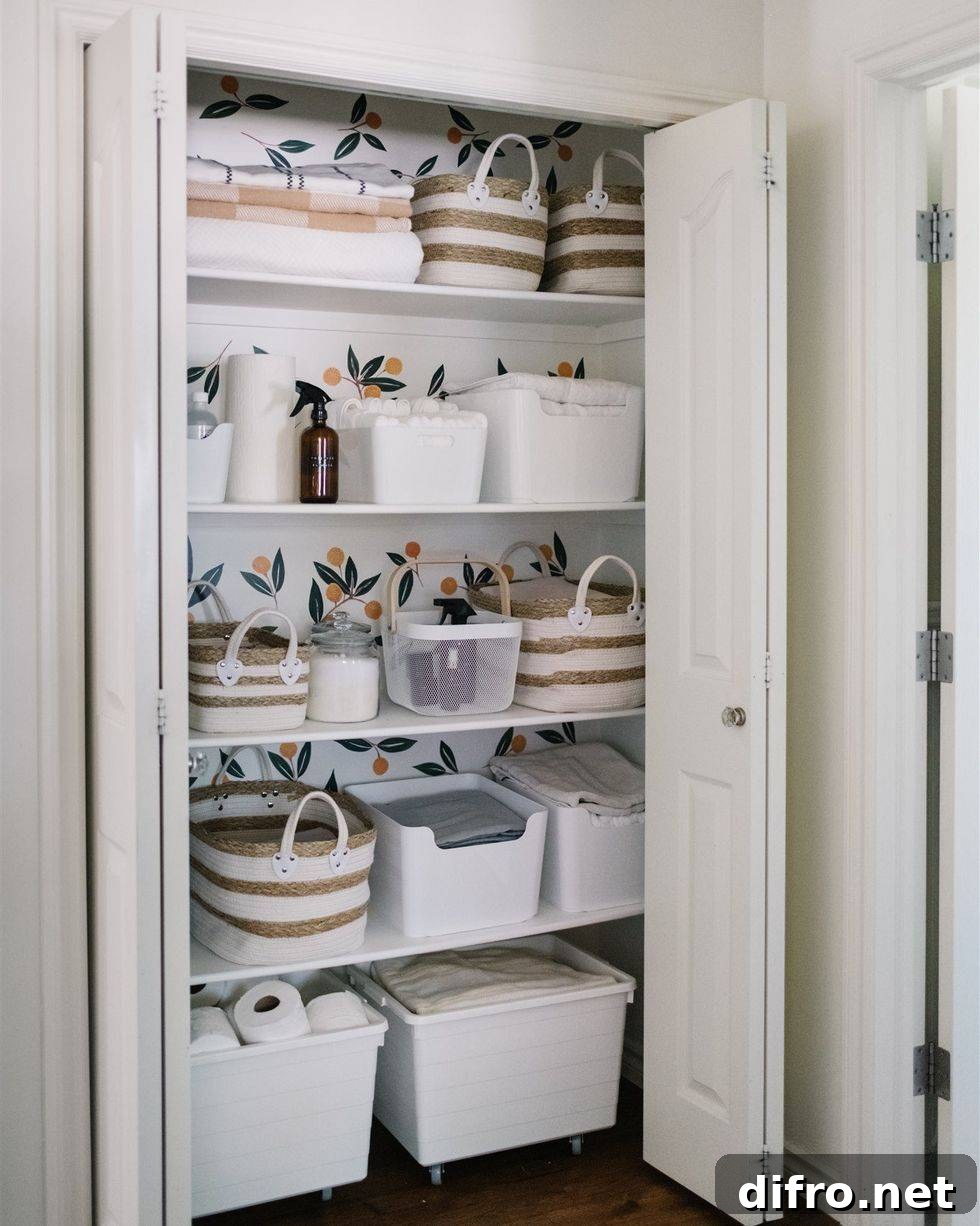 Organized bathroom closet with linens and storage baskets.