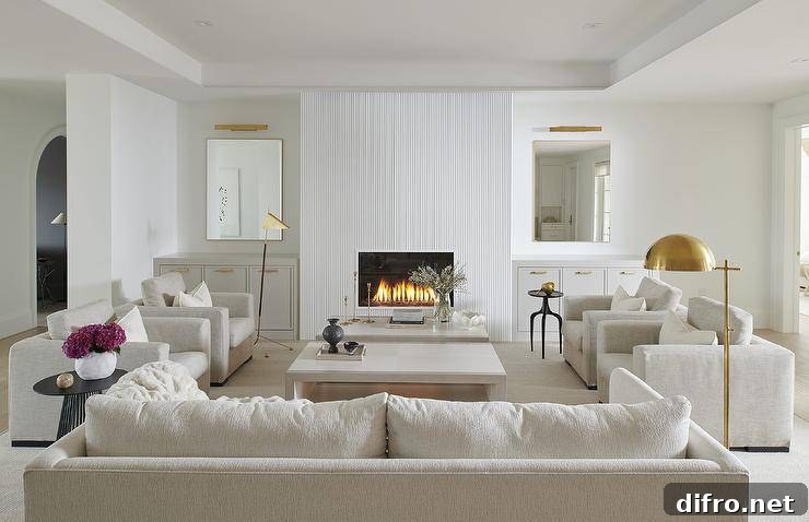 An off-white sofa sits on an off-white rug facing off-white dual coffee tables flanked by side-by-side off-white upholstered chairs lit by a brass floor lamp. A modern white rippled fireplace is flanked by mirrors lit by brass picture lights and hung over white built-in cabinets donning brass pulls.
