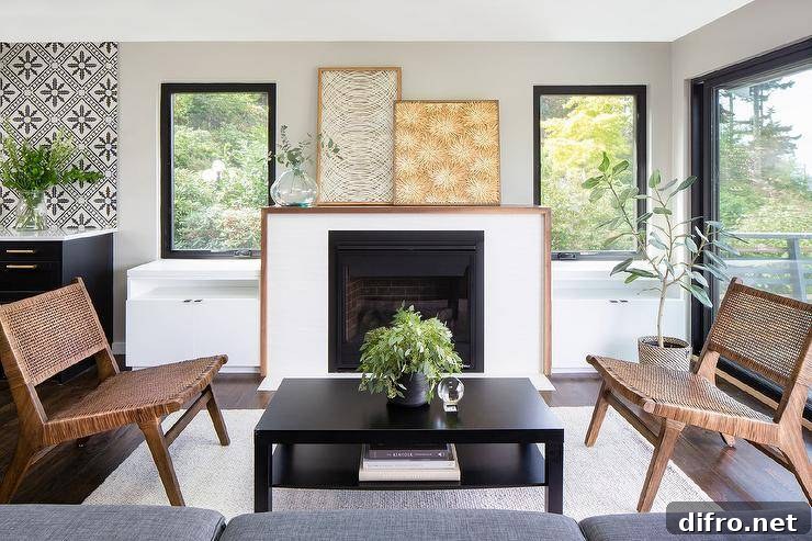 Mid century modern fireplace styled with two framed wall art pieces in a living room flanked by black framed windows and white built-in cabinets. A black coffee table furnishes the living space along with mid century modern chairs.