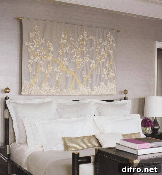 10 Creative Tapestry Hanging Ideas to Transform Any Room 2 lilac & gray bedroom design with gray walls paint color, black bed, black trunk, black lamp, black nightstands, white bedding, gold pillows and silk gray wall botanical wall panel.