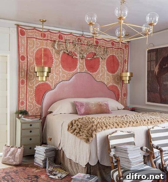 10 Creative Tapestry Hanging Ideas to Transform Any Room 11 Bedroom with Suzani blanket hung from a brass rod behind a pink velvet headboard.