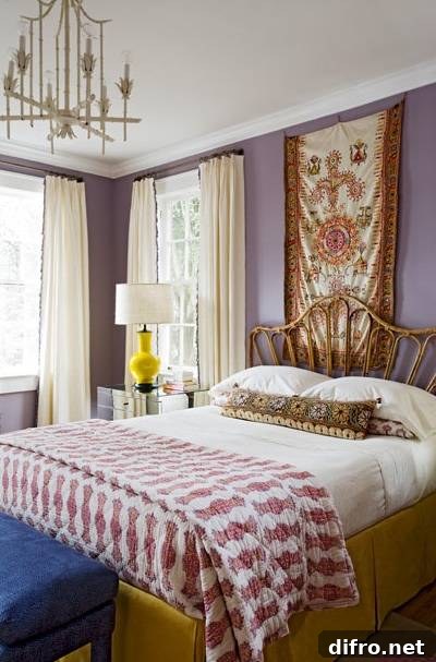 10 Creative Tapestry Hanging Ideas to Transform Any Room 5 Eclectic bedroom with tapestry wall art and wicker headboard.