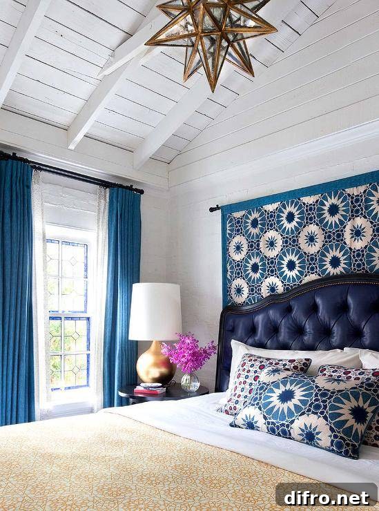 10 Creative Tapestry Hanging Ideas to Transform Any Room 7 Bedroom with tapestry hung behind the headboard from a curtain rod.