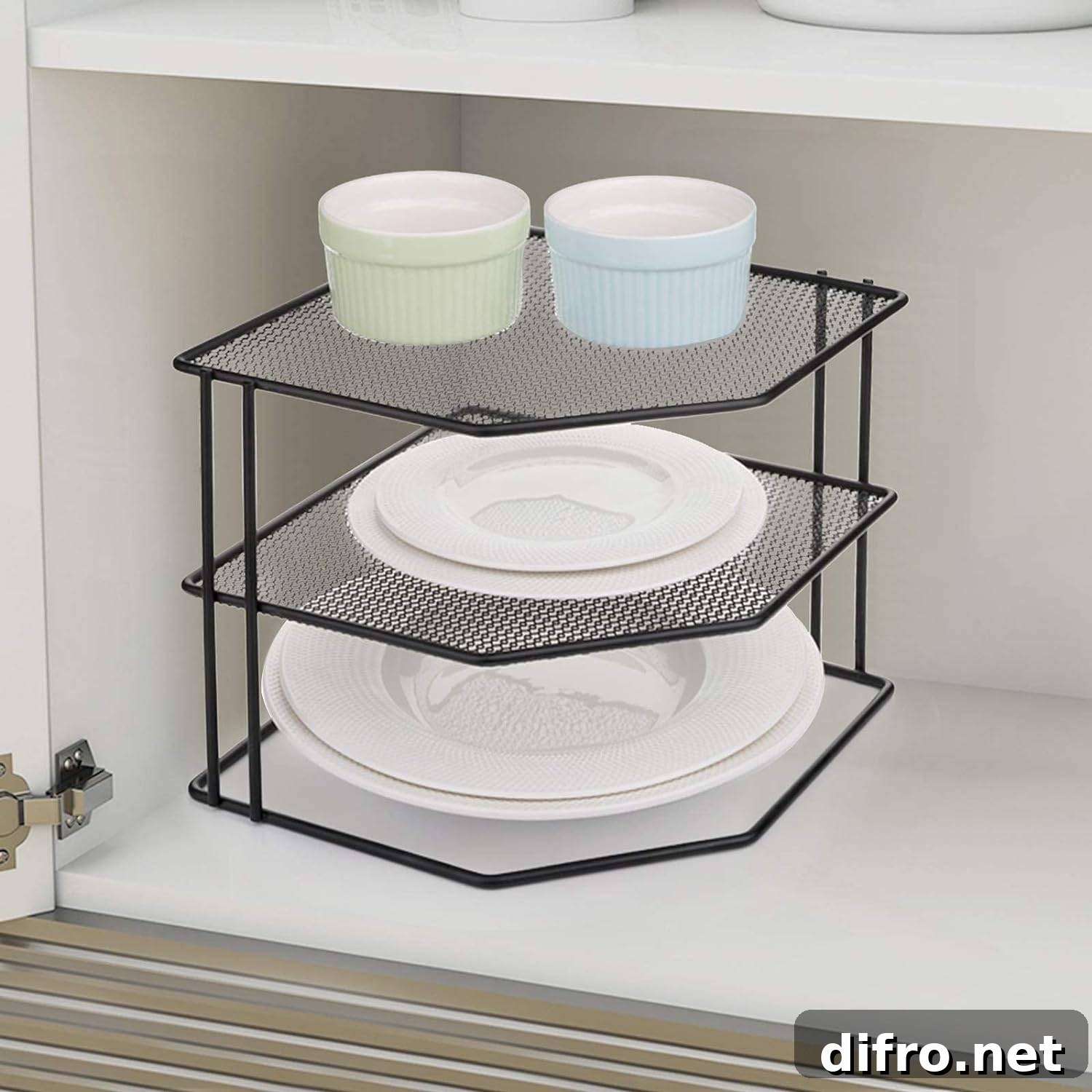 black wire tiered plate shelf corner shelf.