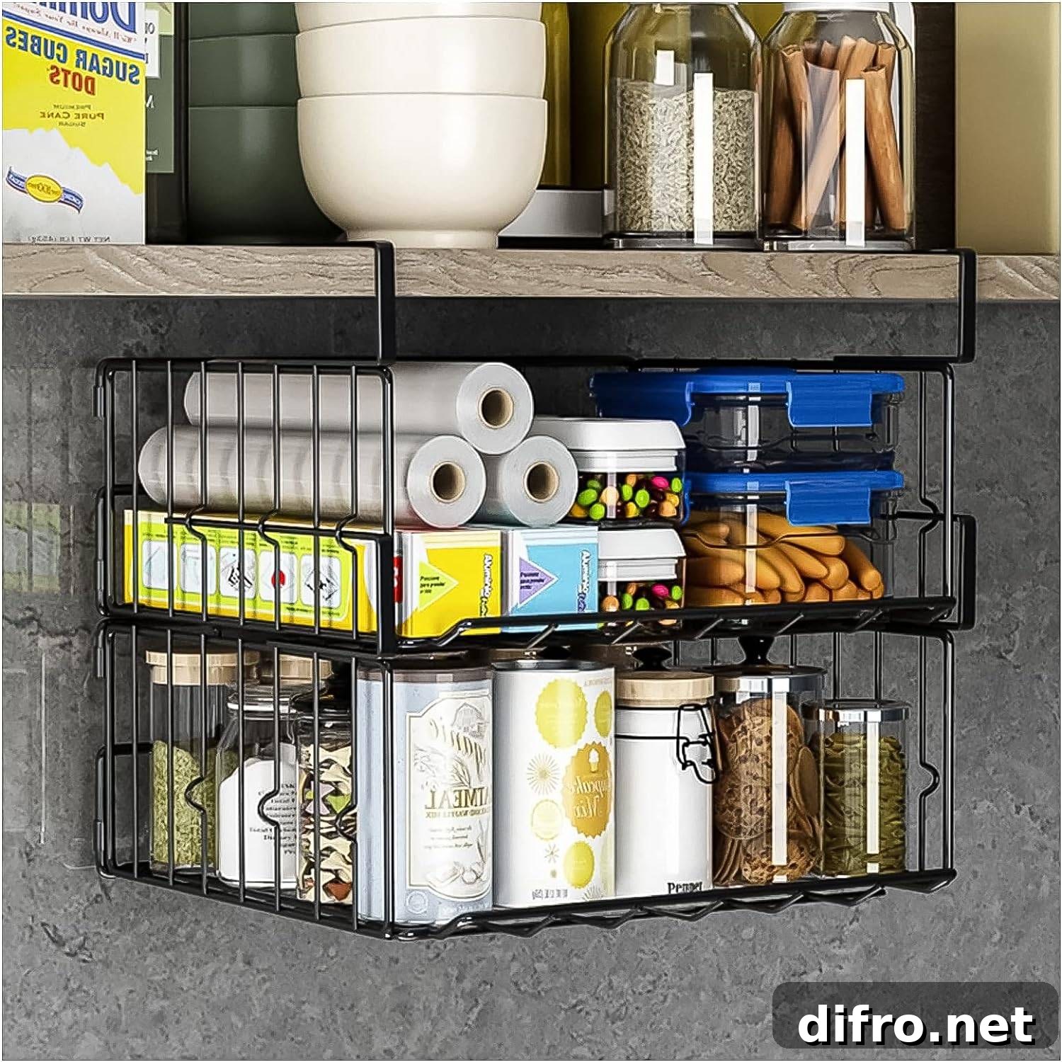 under shelf basket with pantry items.