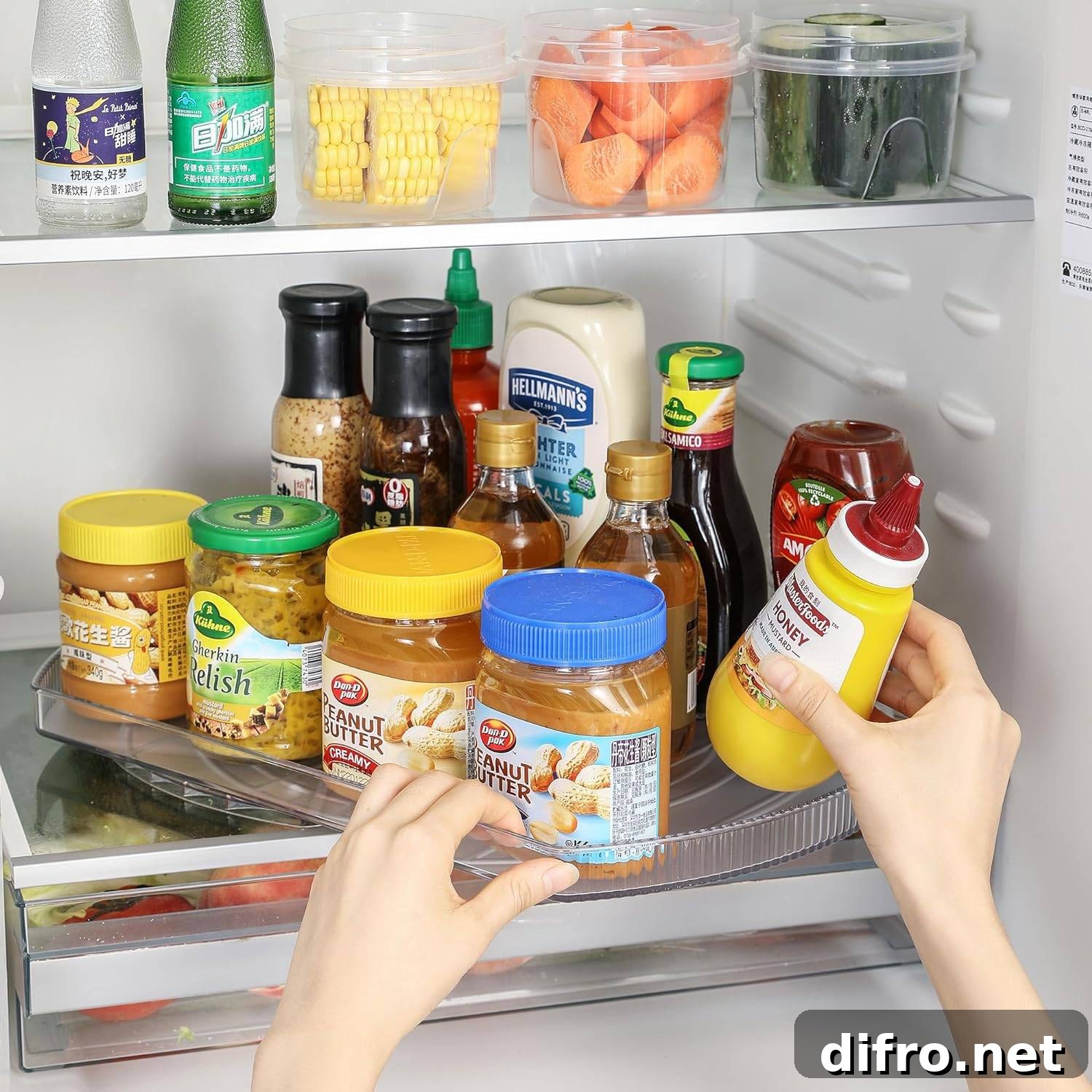 lazy susan in refrigerator with condiments on it.