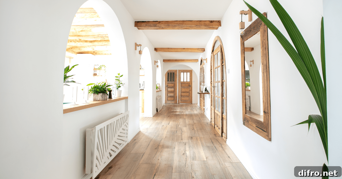 A bright white hallway with mirror on the wall.