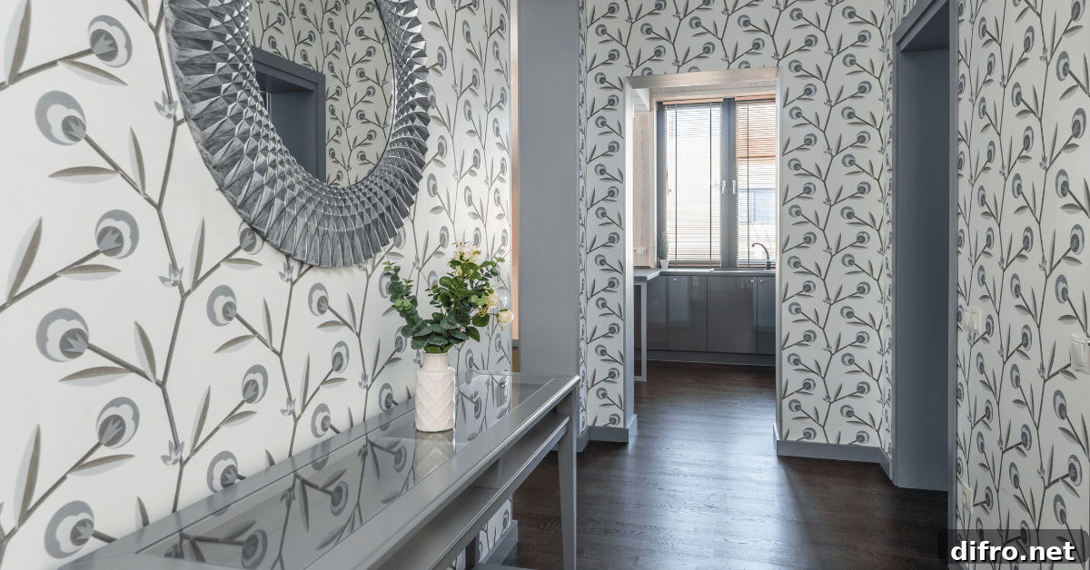 A hallway with grey wallpaper and stylish decor.